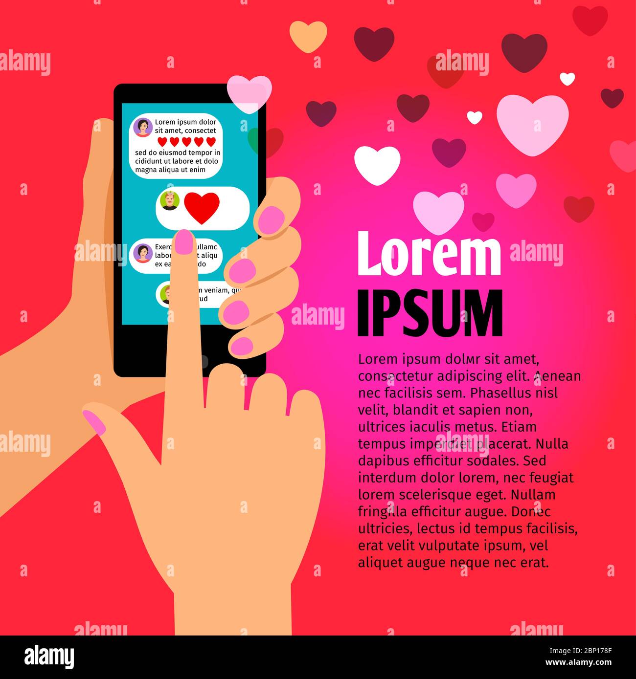 Woman hand holding cellphone with love chat communication. Vector ...
