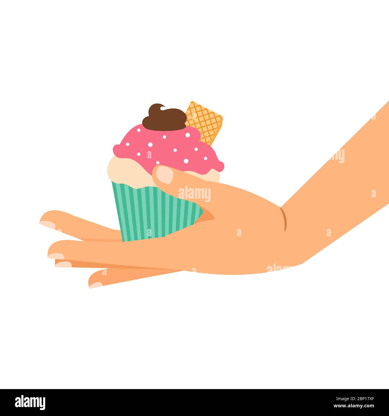 Cupcake with wafer and chocolate cream. Hand holding cupcake, isolated vector illustration Stock Vector