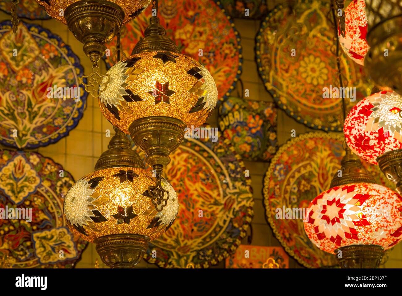 Colourful hanging lamps on sale in souk, Bur Dubai, Dubai, United Arab Emirates, Middle East Stock Photo