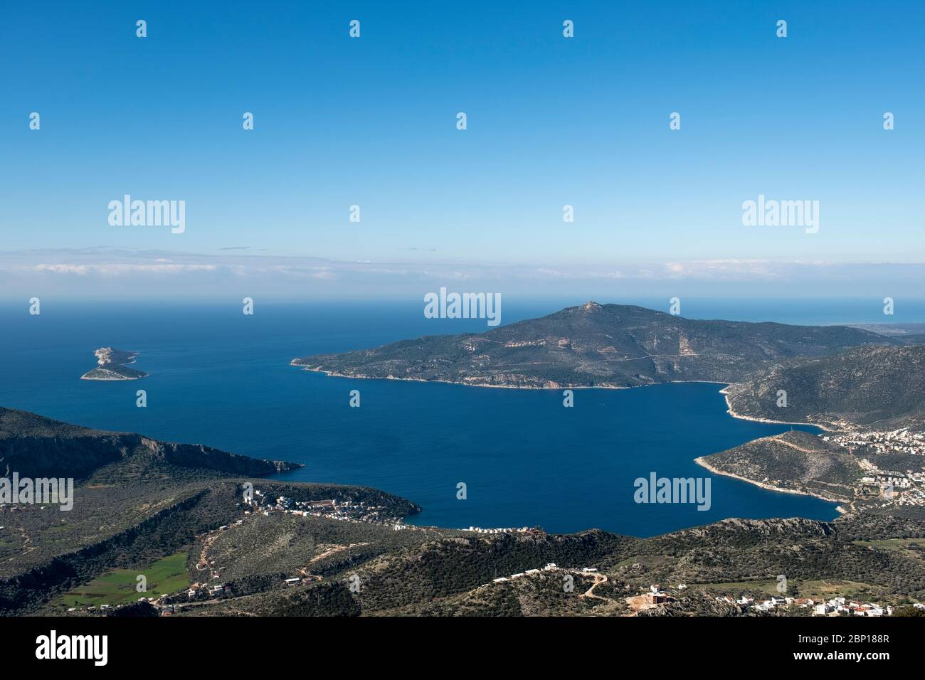 View to Kalkan district of Antalya from Bezirgan road. Stock Photo