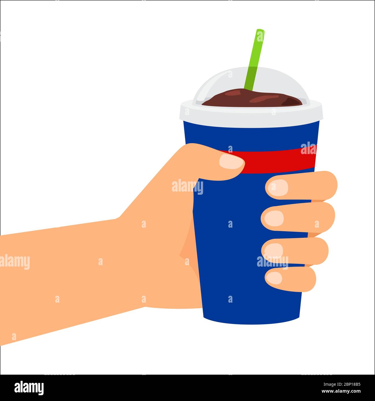 Unhealthy food. Vector illustration, hand holding plastic cup with cola Stock Vector