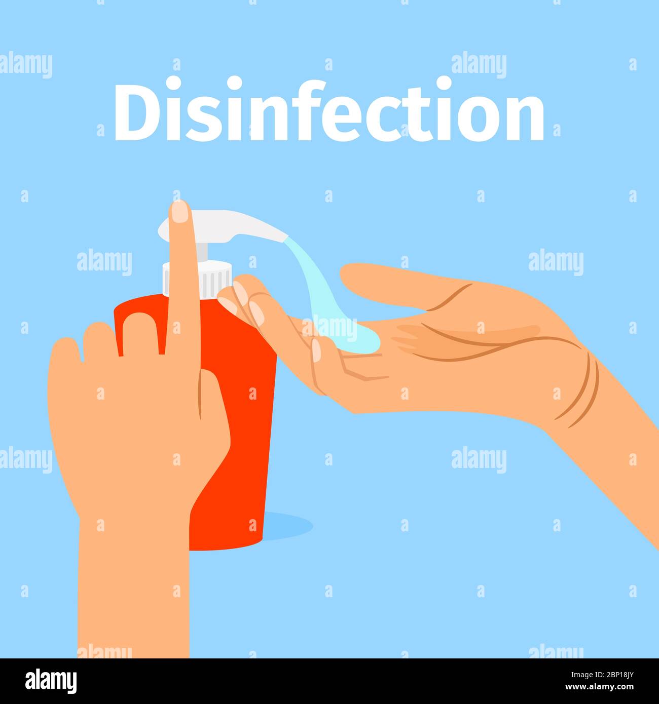 Disinfection concept. Liquid soap with pumping from bottle. Applying a moisturizing sanitizer. Woman washing hands vector illustration Stock Vector