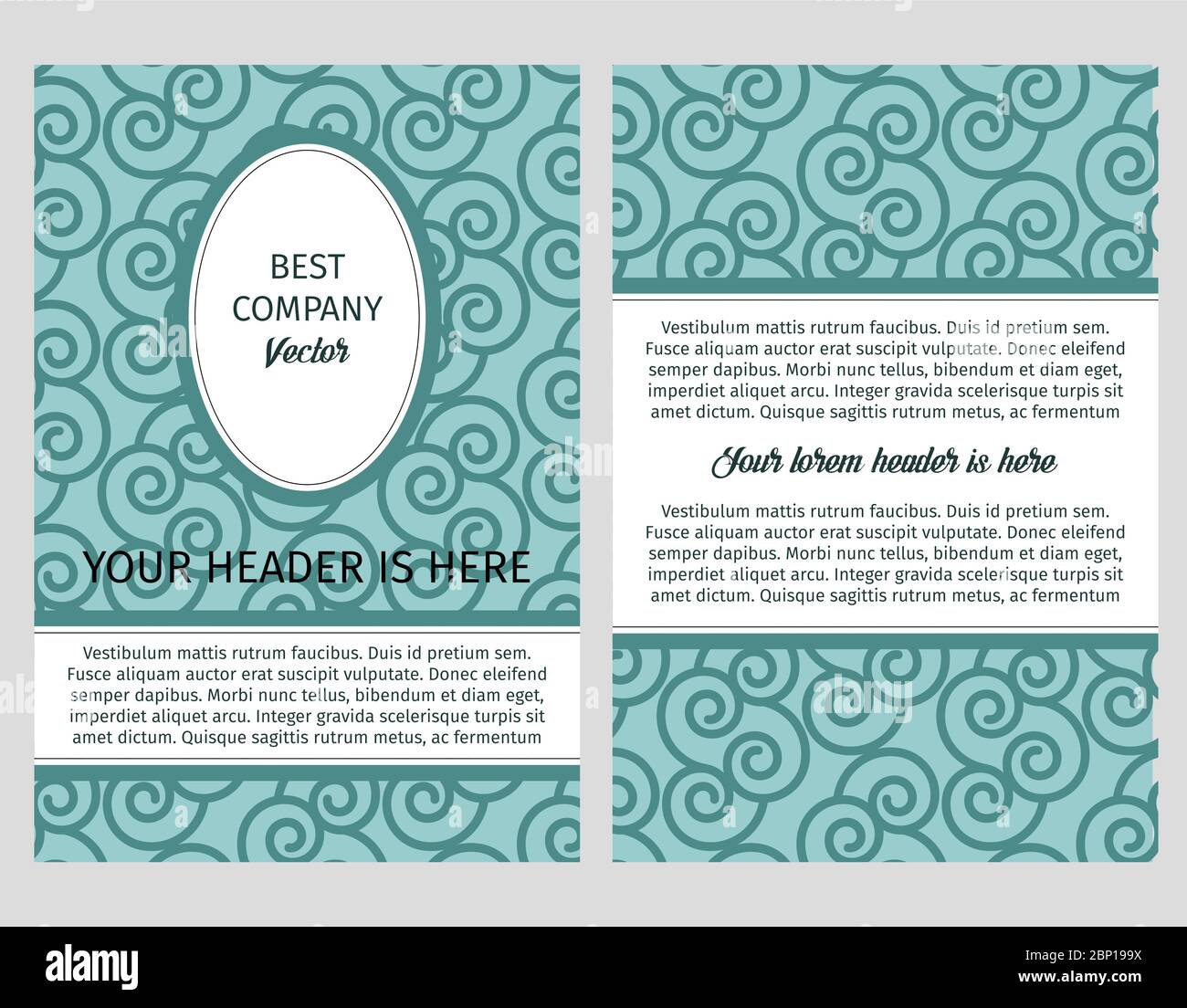 Brouchure design template for company with blue decorative pattern with linear swirls, vector illustration Stock Vector