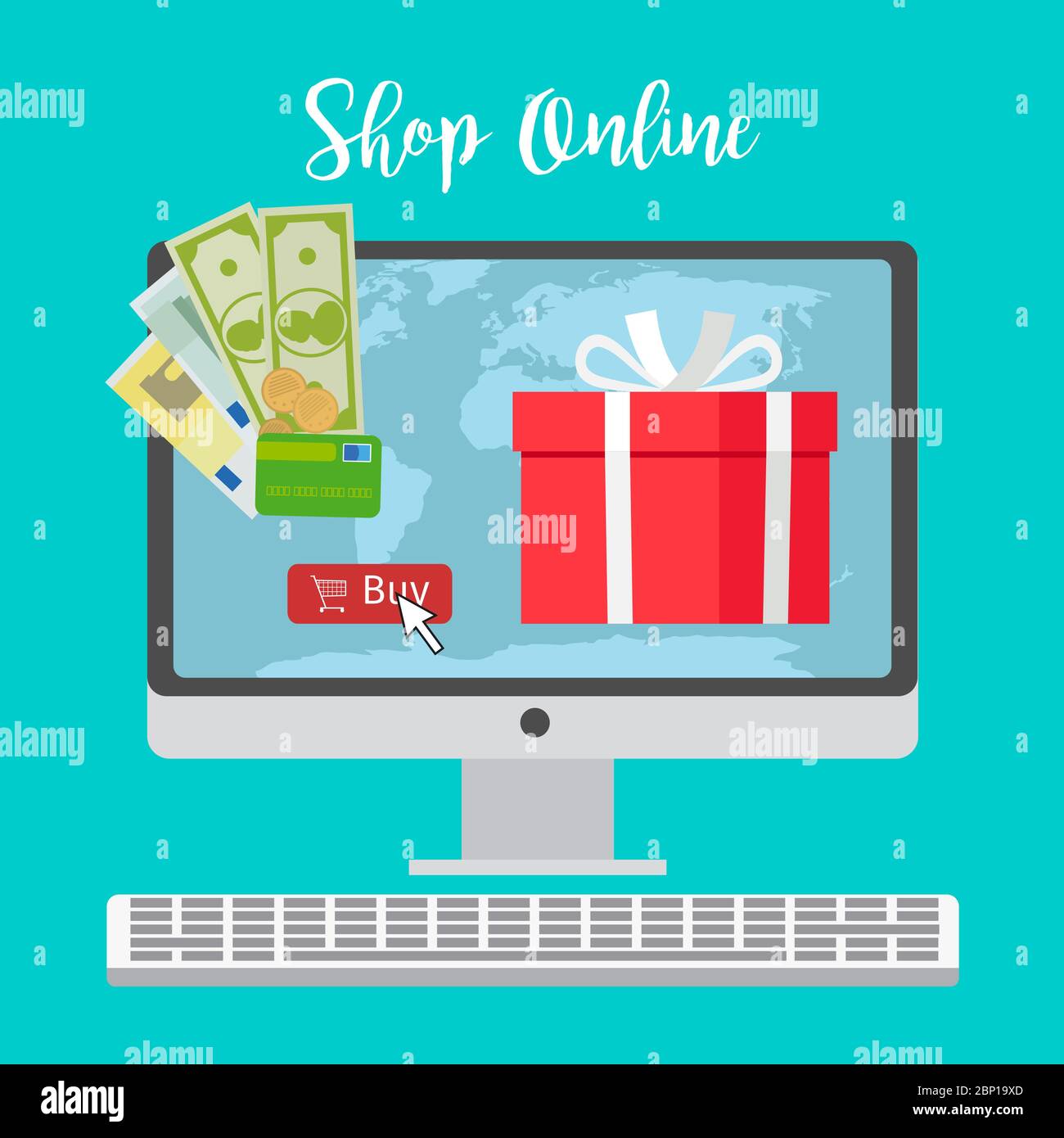 Shop online concept with red present and all world map on the screen, vector illustration Stock Vector