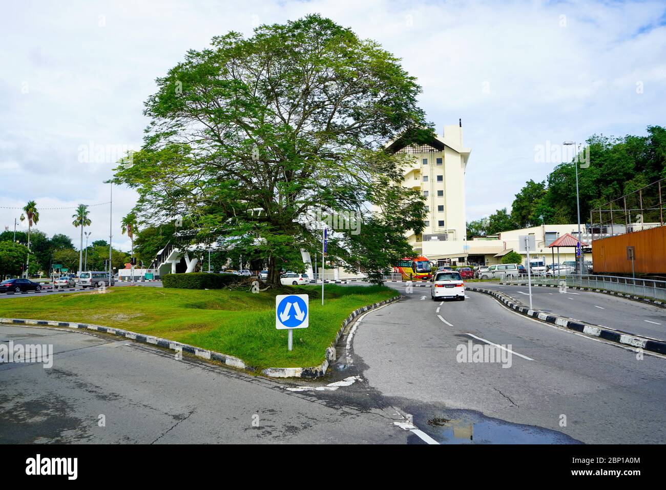 Road sign, marks and beautiful tree of Bandar Seri Begawan in Brunei, the smallest country in Asia Pacific region Stock Photo