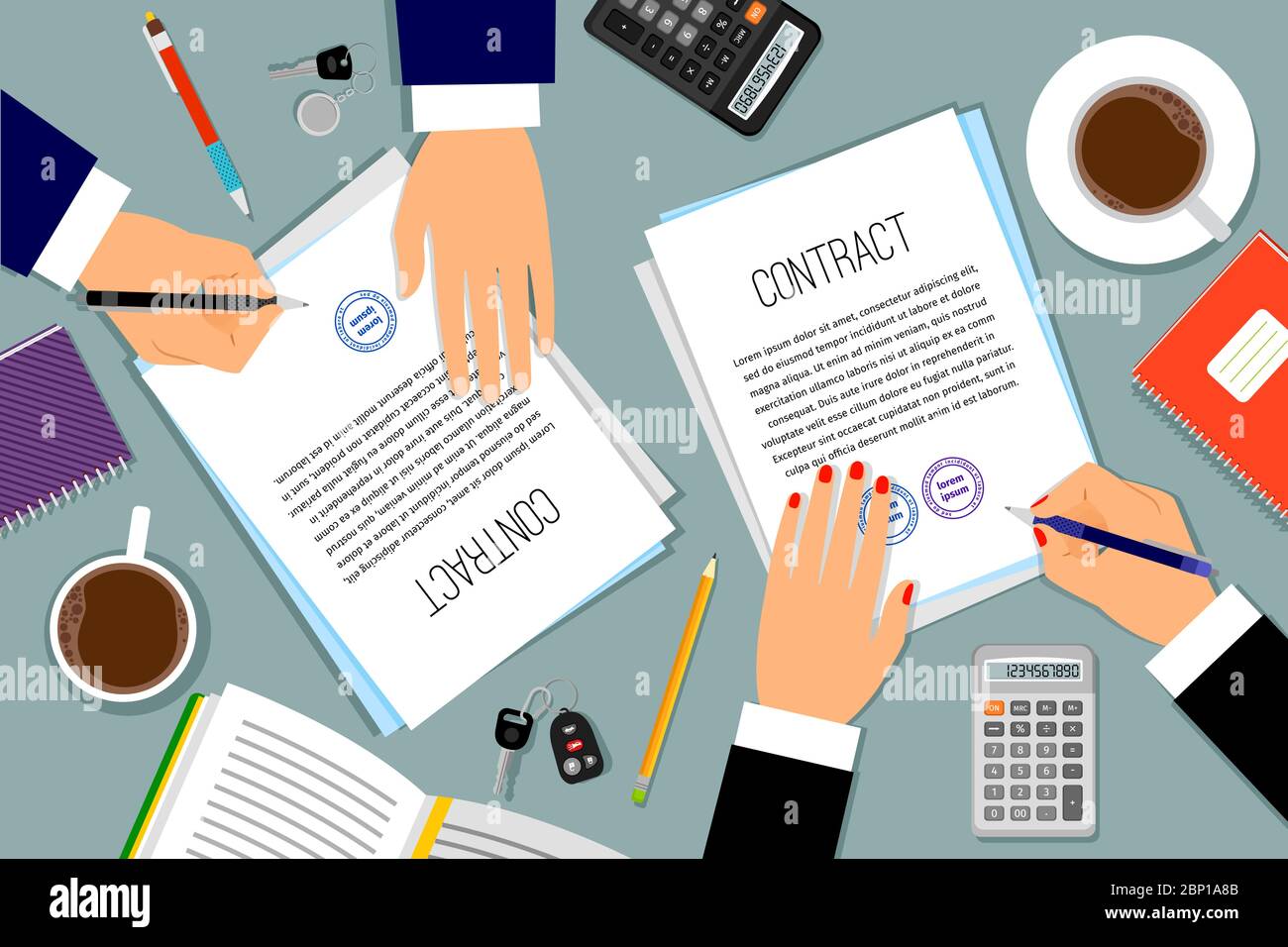 Signing contract or shipping document vector illustration. Businessman hands signing paper documents on desk Stock Vector
