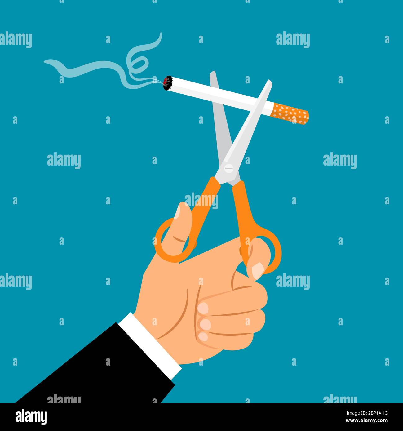 Businessman hands holding scissors cut a cigarette, vector illustration Stock Vector