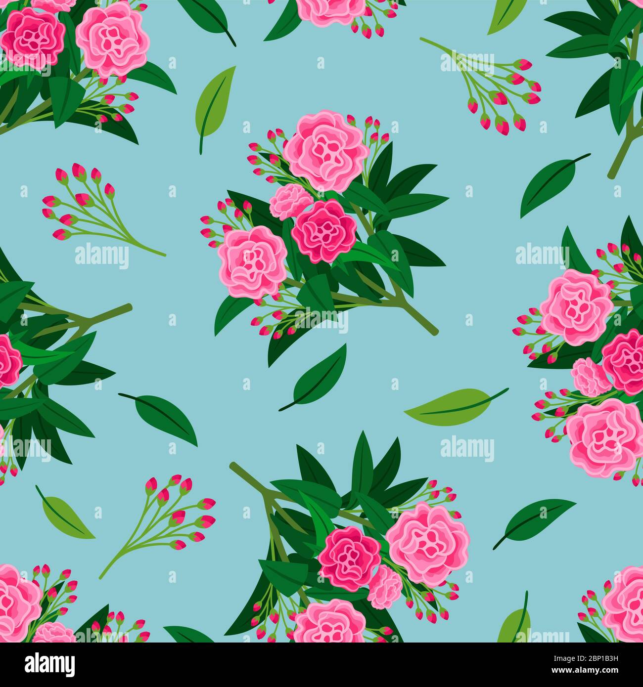Floral pattern with pink peony flowers and green leaves on blue ...
