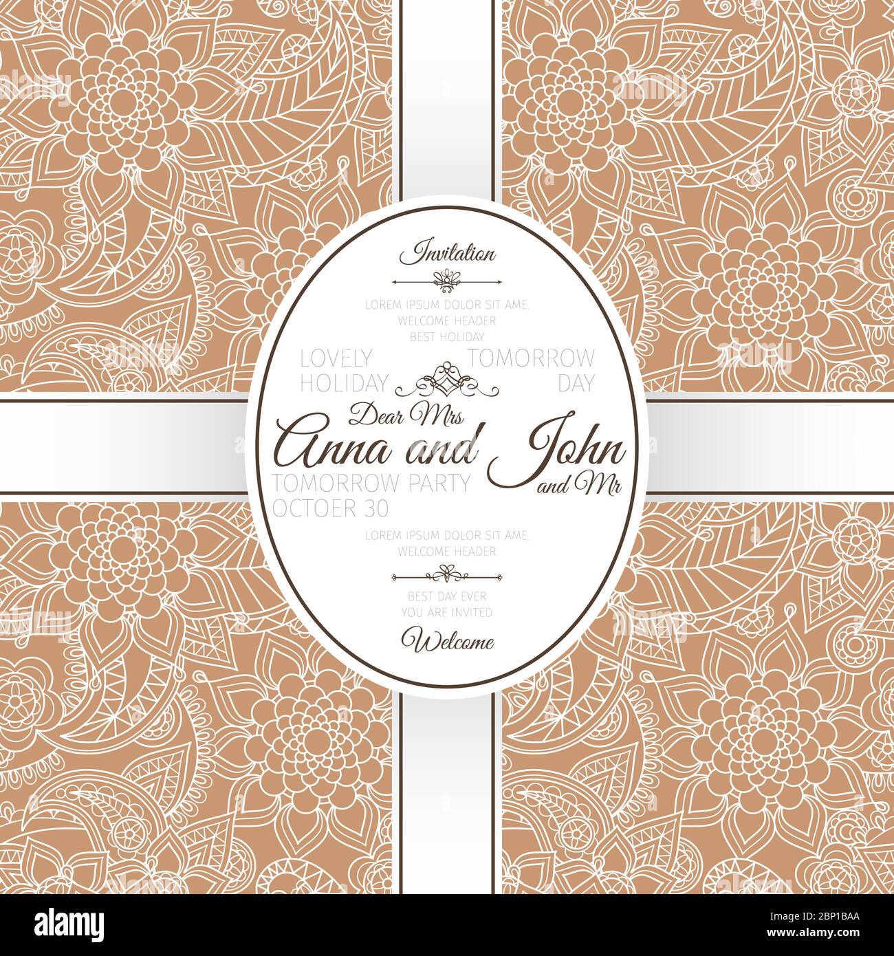 Invitation template card with brown indian paisley pattern, vector ...