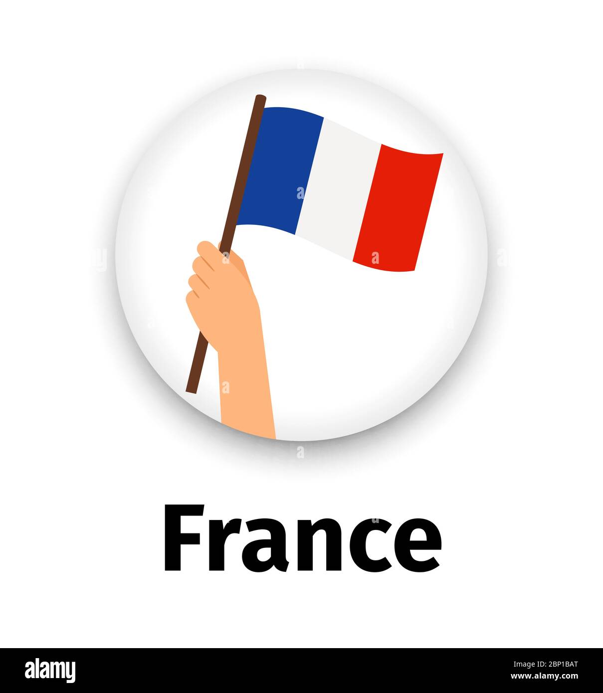 France flag in hand, round icon with shadow isolated on white. Human hand holding flag Stock Vector