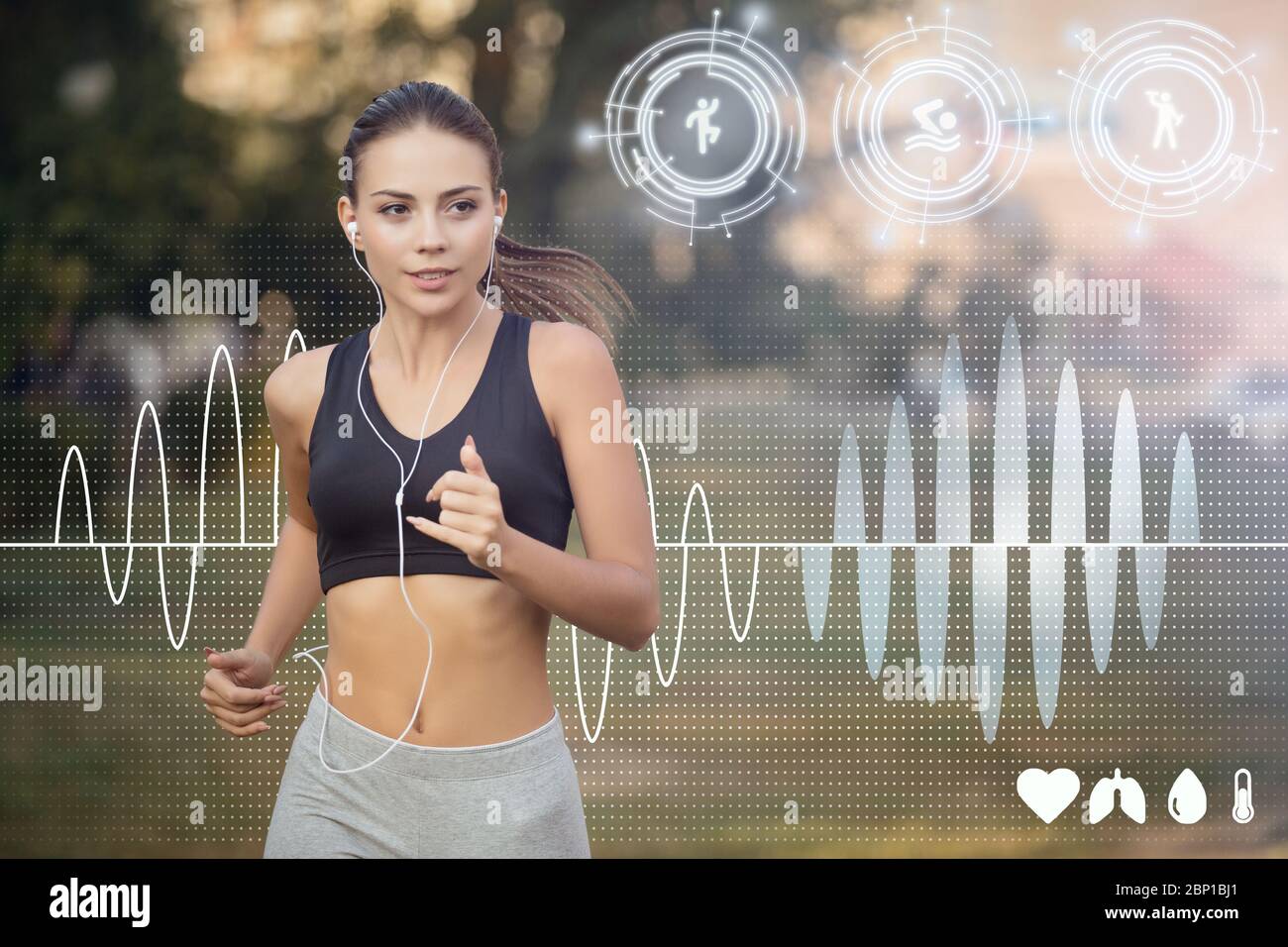 Young jogger with earphones exercising and listening to music outdoors. Collage with health info on virtual screen Stock Photo