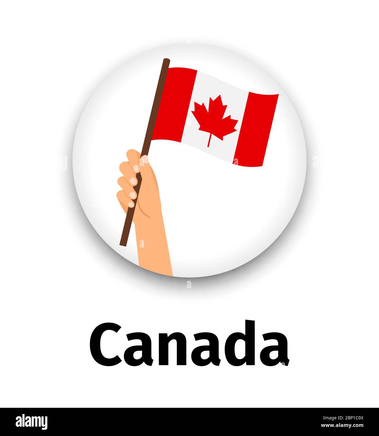 Canada flag in hand, round icon with shadow isolated on white. Human hand holding flag, vector illustration Stock Vector