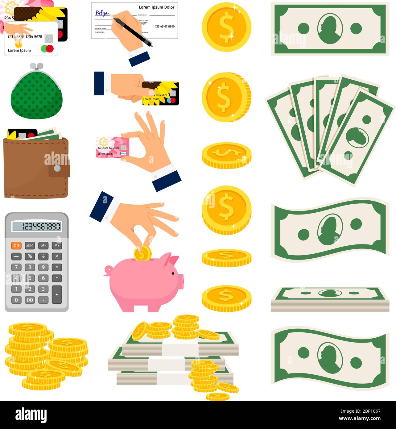 Big set of cash and coin money. Hands putting money in piggy money box,  holding credit card. Calculator wallet and credit card vector icons on  white background Stock Vector Image & Art -