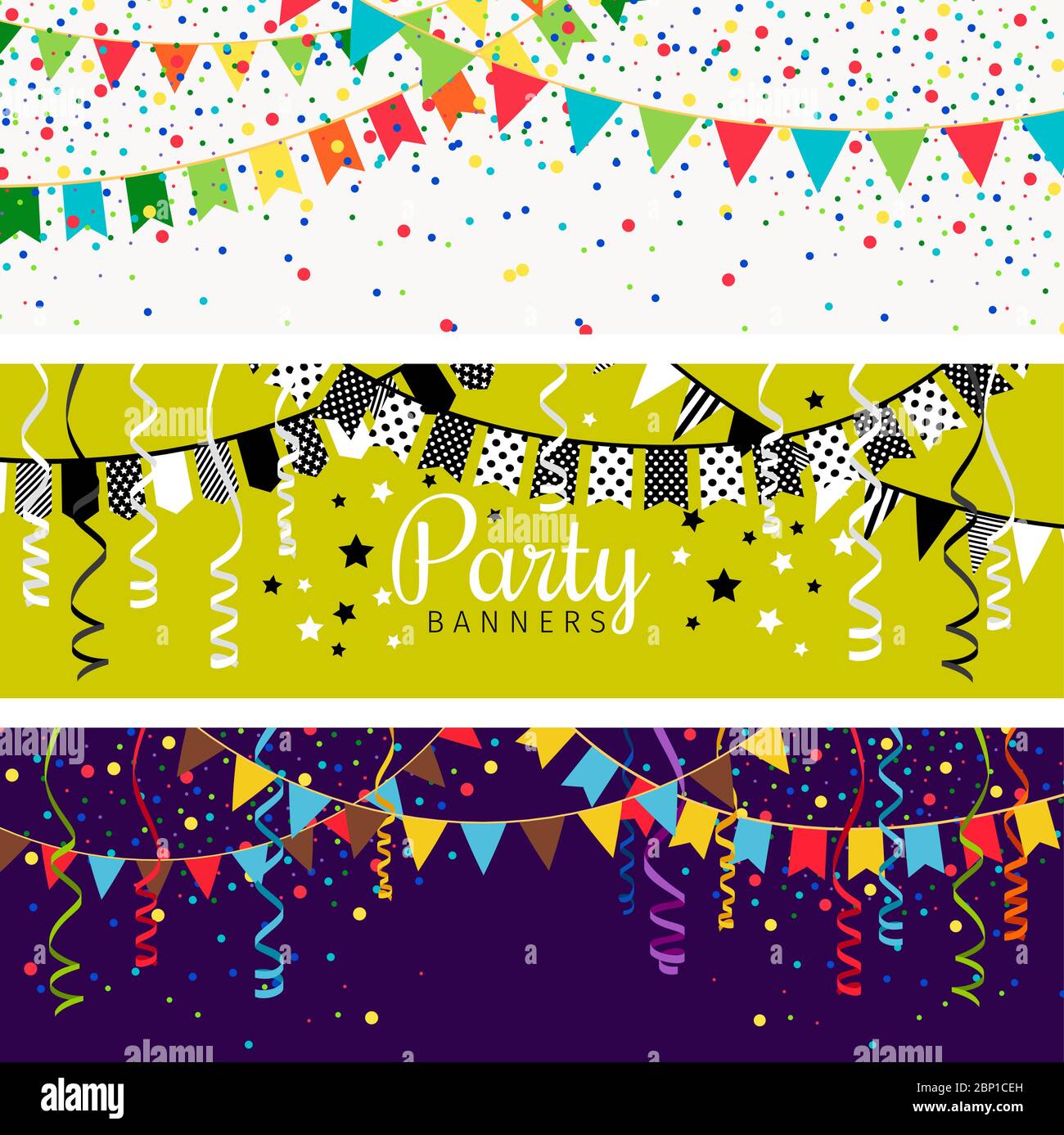 Party banners with garland of colour flags and confetti. Happy festive