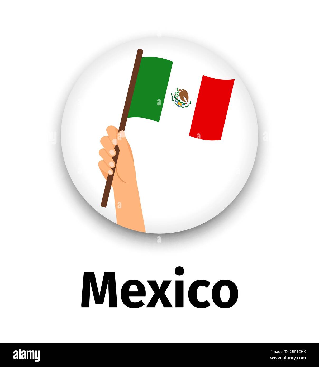 Mexico flag in hand, round icon with shadow isolated on white. Human hand holding flag, vector illustration Stock Vector