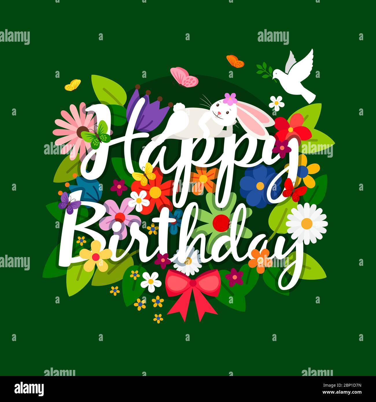 Happy birthday card with flowers bouquet and bird on bright green ...