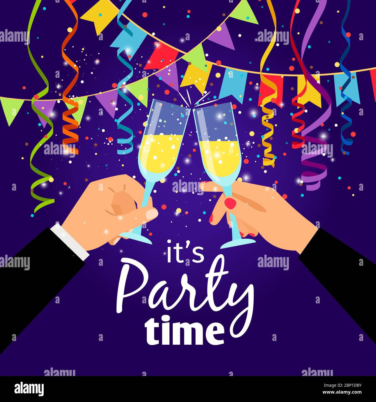 Couple Party Poster With Hands Holding Drinking Glasses And Serpentine Vector Illustration