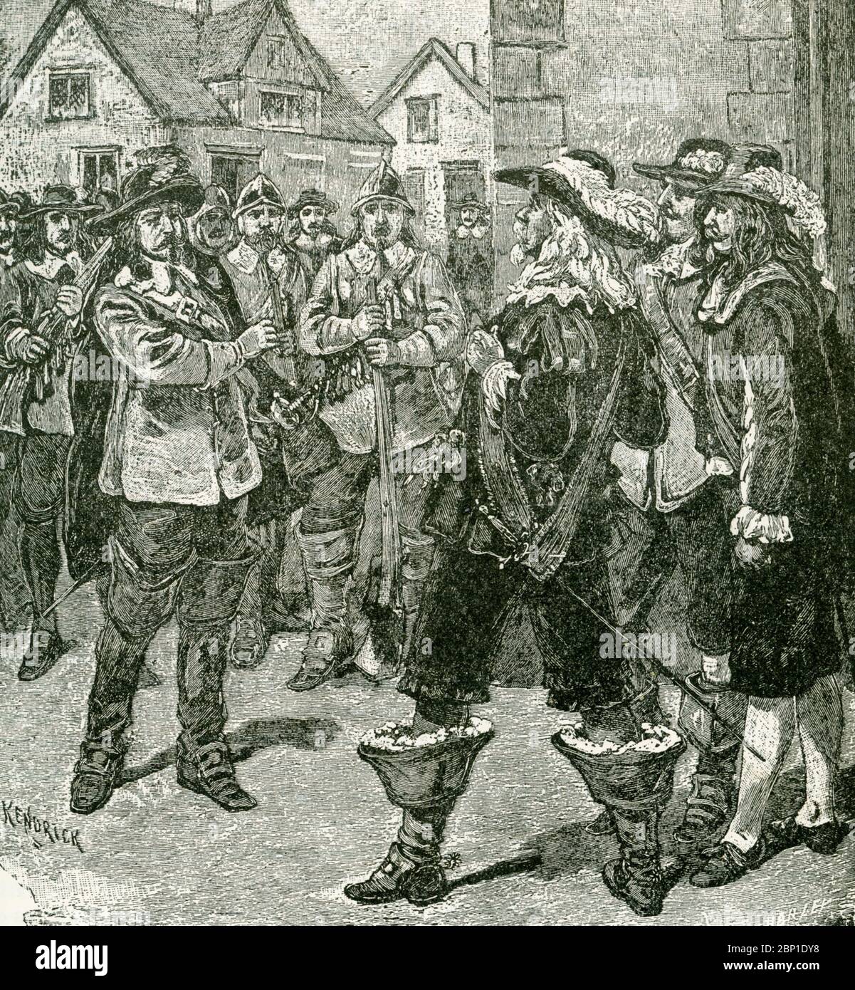 In this 1890s illustration, Governor Sir William Berkeley pardons Nathaniel Bacon but then changes his mind. On June 23, 1676, Nathaniel Bacon returns to Jamestown with 500 men and demands Governor Sir William Berkeley commission him as a general to lead the colony against the Indians. After a standoff, the governor yields to Bacon's demands. Bacon's Rebellion was an armed rebellion that took place 1676-1677 by Virginia settlers led by Nathaniel Bacon against the rule of Governor William Berkeley. Stock Photo