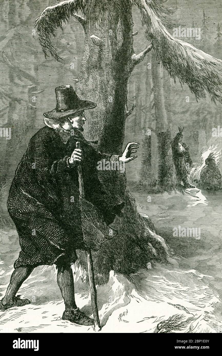 This 1890s illustration shows Roger Williams (1603-1683)  seeking refuge among the Indians. Williams was a Puritan minister, theologian, and author who founded Providence Plantations, which became the Colony of Rhode Island. in October 1635, the General Court tried Williams and convicted him of sedition and heresy and ordered that he be banished. In January 1636, he slipped away during a blizzard and traveled 55 miles through the deep snow, from Salem to Raynham, Massachusetts where the local Wampanoags offered him shelter at their winter camp., as seen here. Sachem Massasoit hosted Williams t Stock Photo