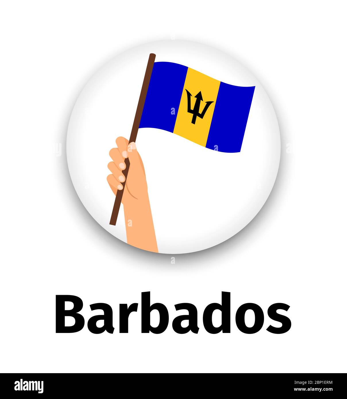 Barbados flag in hand, round icon with shadow isolated on white. Human hand holding flag, vector illustration Stock Vector