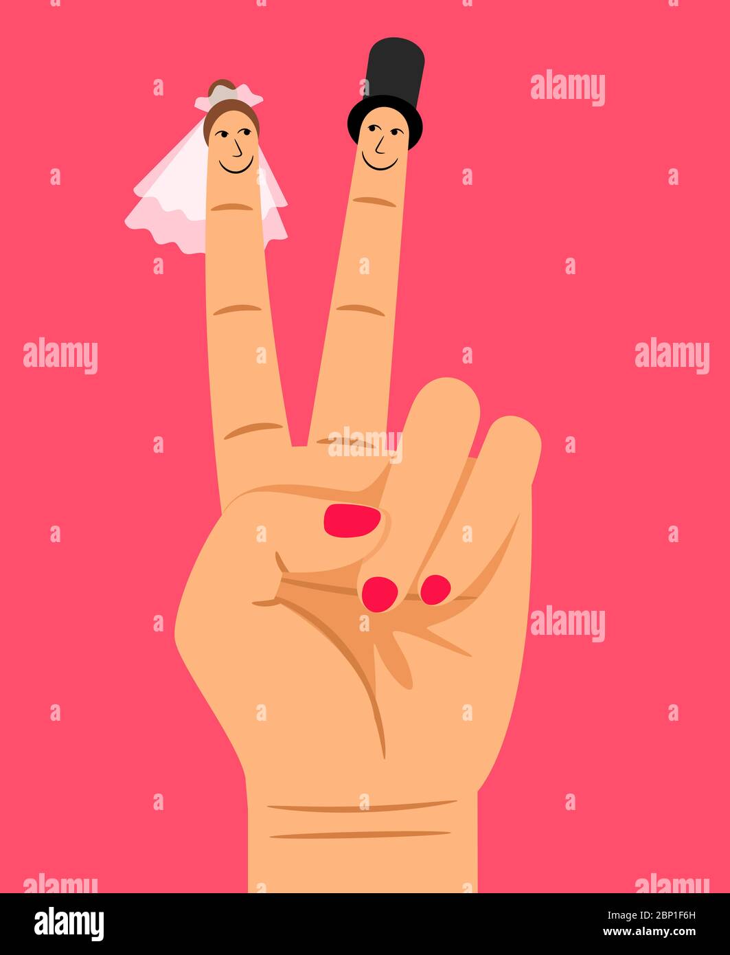 Finger puppets of bride and groom on woman hand, vector illustration Stock Vector