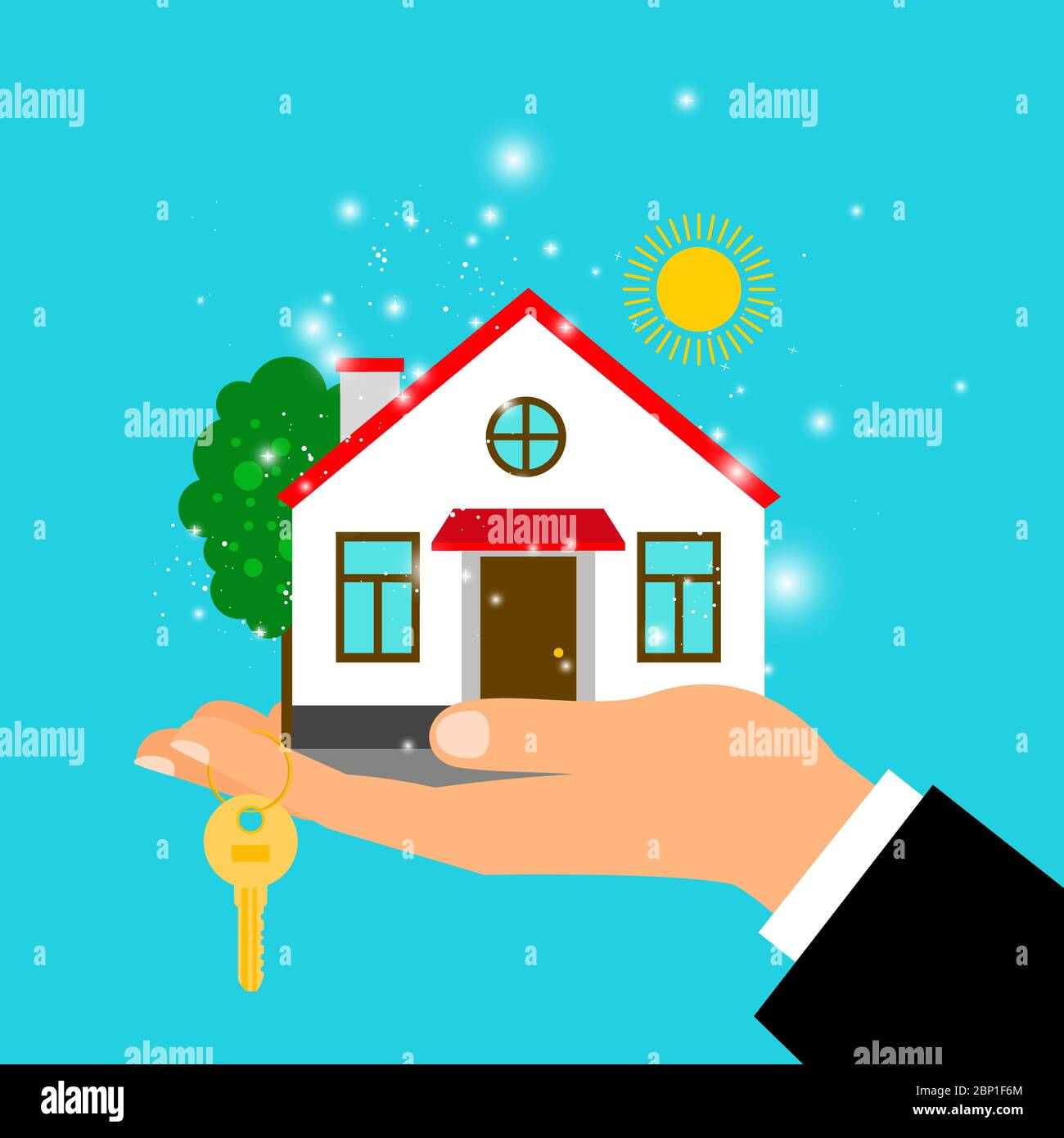 Man hand holding house building and key for it. Buying a new home ...