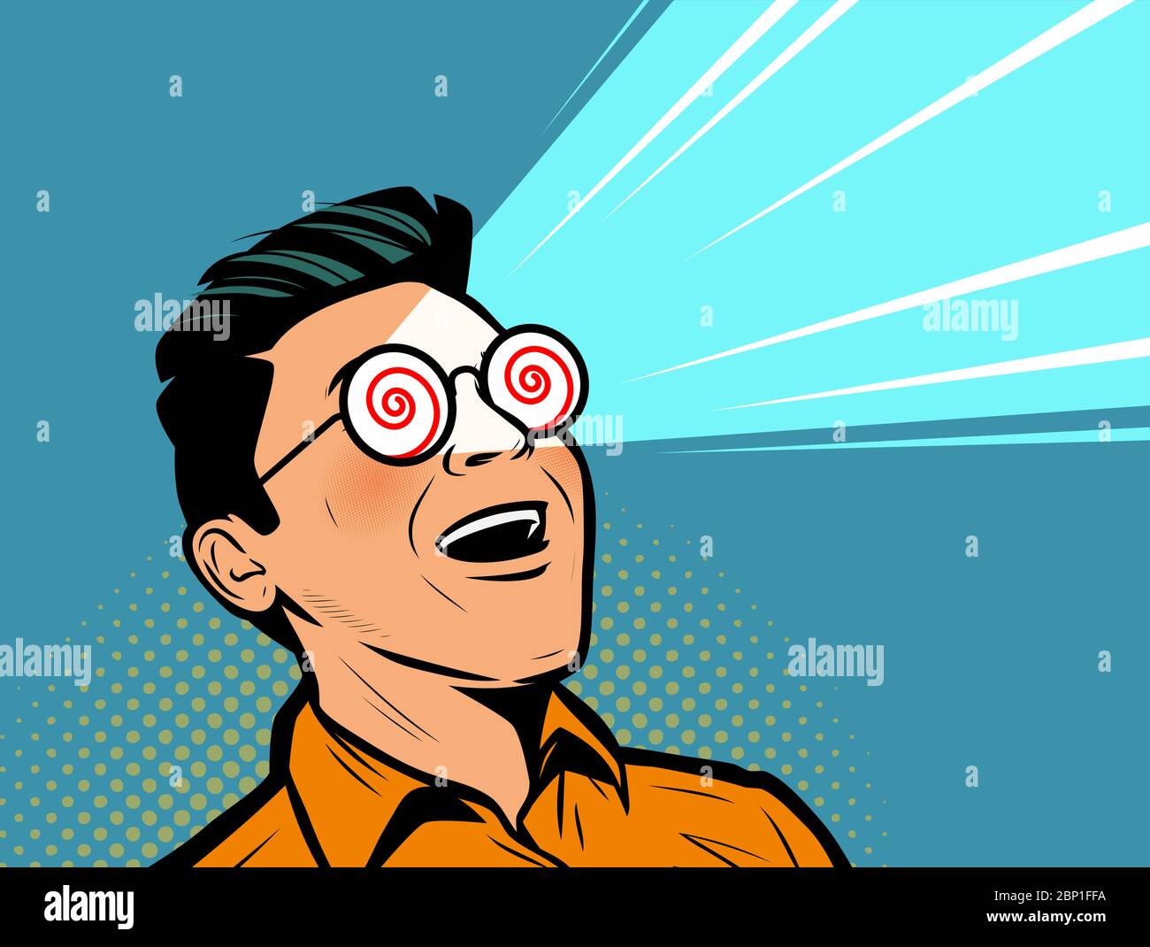 Enthusiastic man with glasses under hypnosis. Retro comic pop art vector illustration Stock Vector