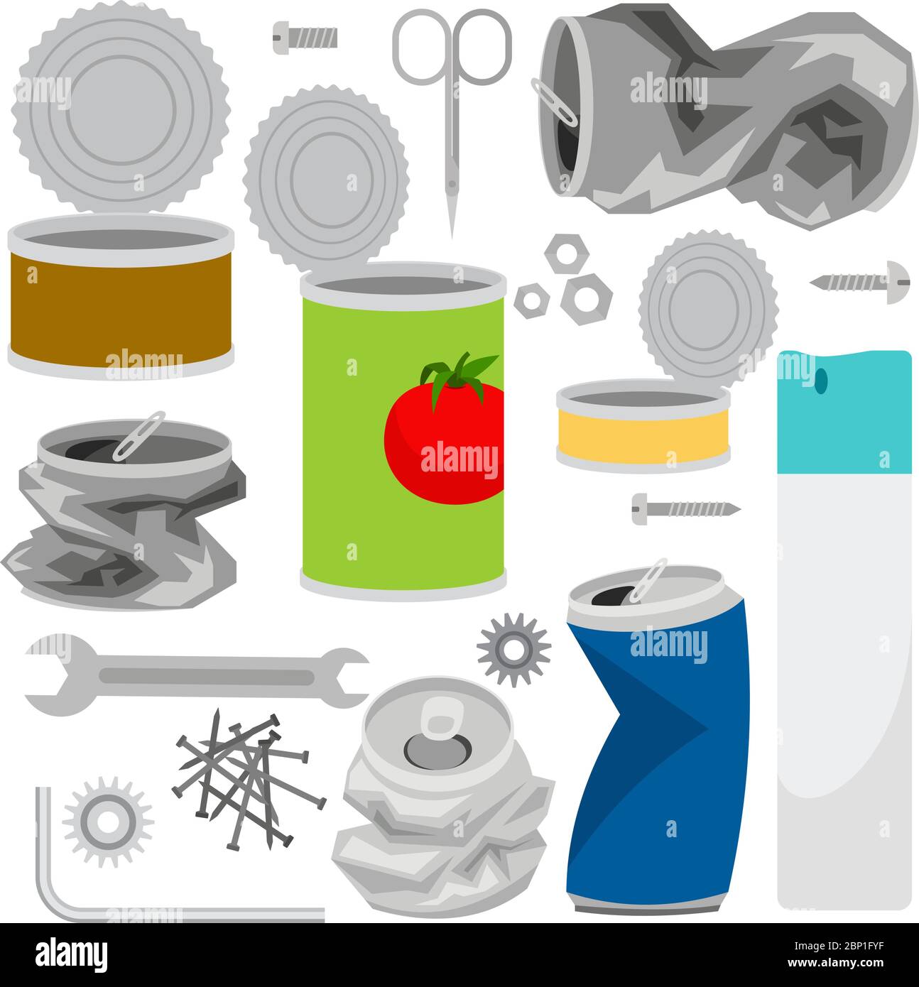 Metal trash vector icons collection, with cans and spray container
