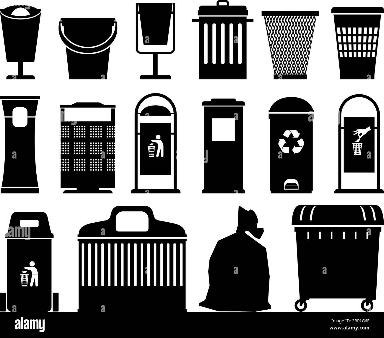Garbage black cans silhouette on white background , vector icons Stock Vector