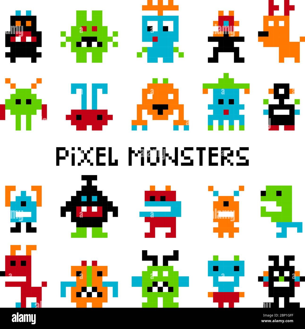 Pixel invaders. Vector computer pixel space or cosmic invader set graphics for vintage arcade video game Stock Vector
