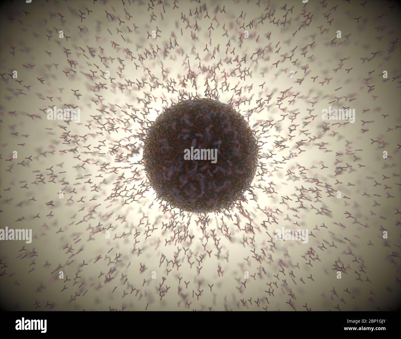 Immunological system, antibodies attacking the virus covid-19. 3D illustration, concept of the body's defense system. Y-shaped antibody attacking the Stock Photo