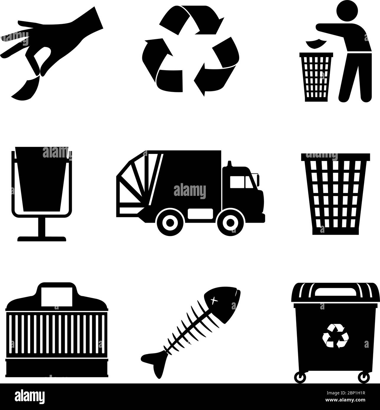 Black garbage track and trash bins, recycle sign icons, vector illustration Stock Vector