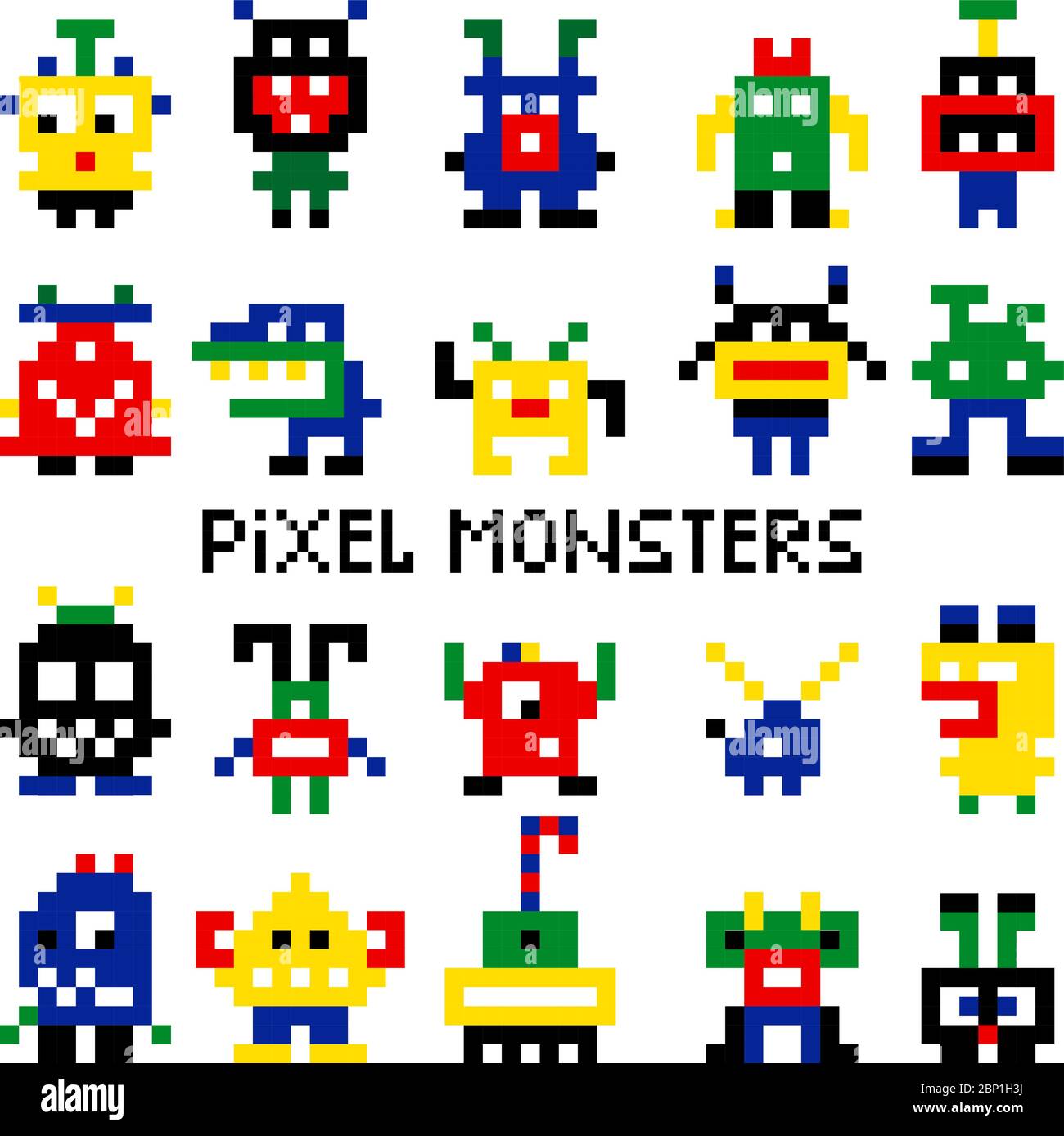 Vector pixel invaders vector illustration. Colored pixelated retro space monsters for 8 bit arcade computer game Stock Vector