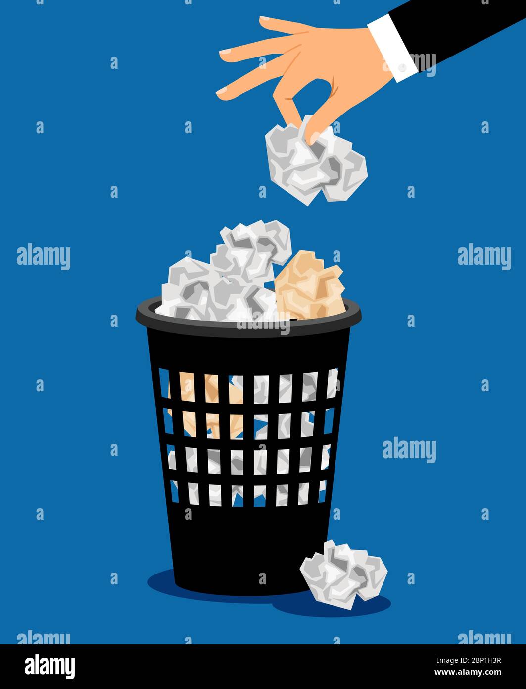 Businessman hand put paper in office trash recycle bin for garbage