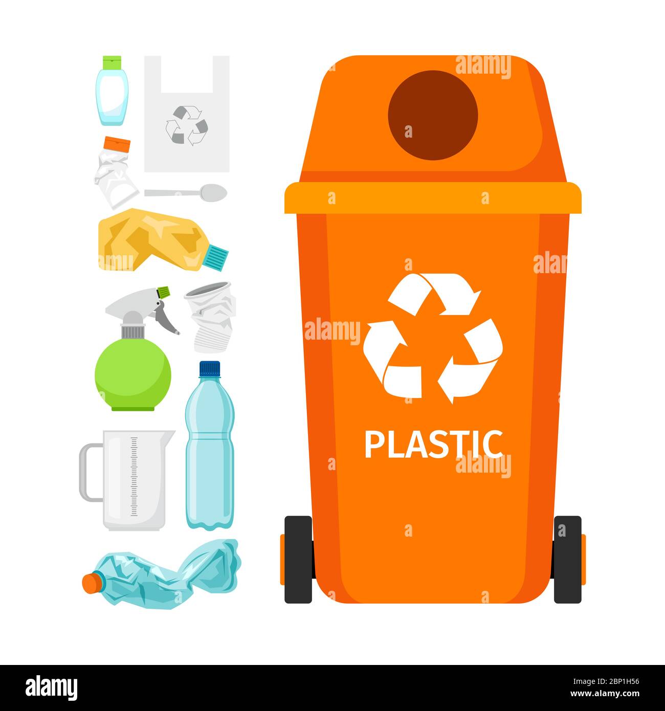 Orange garbage can with plastic garbage elements, vector illustration