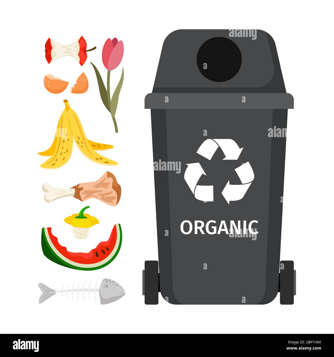 Grey garbage can with organic elements, vector illustration Stock Vector