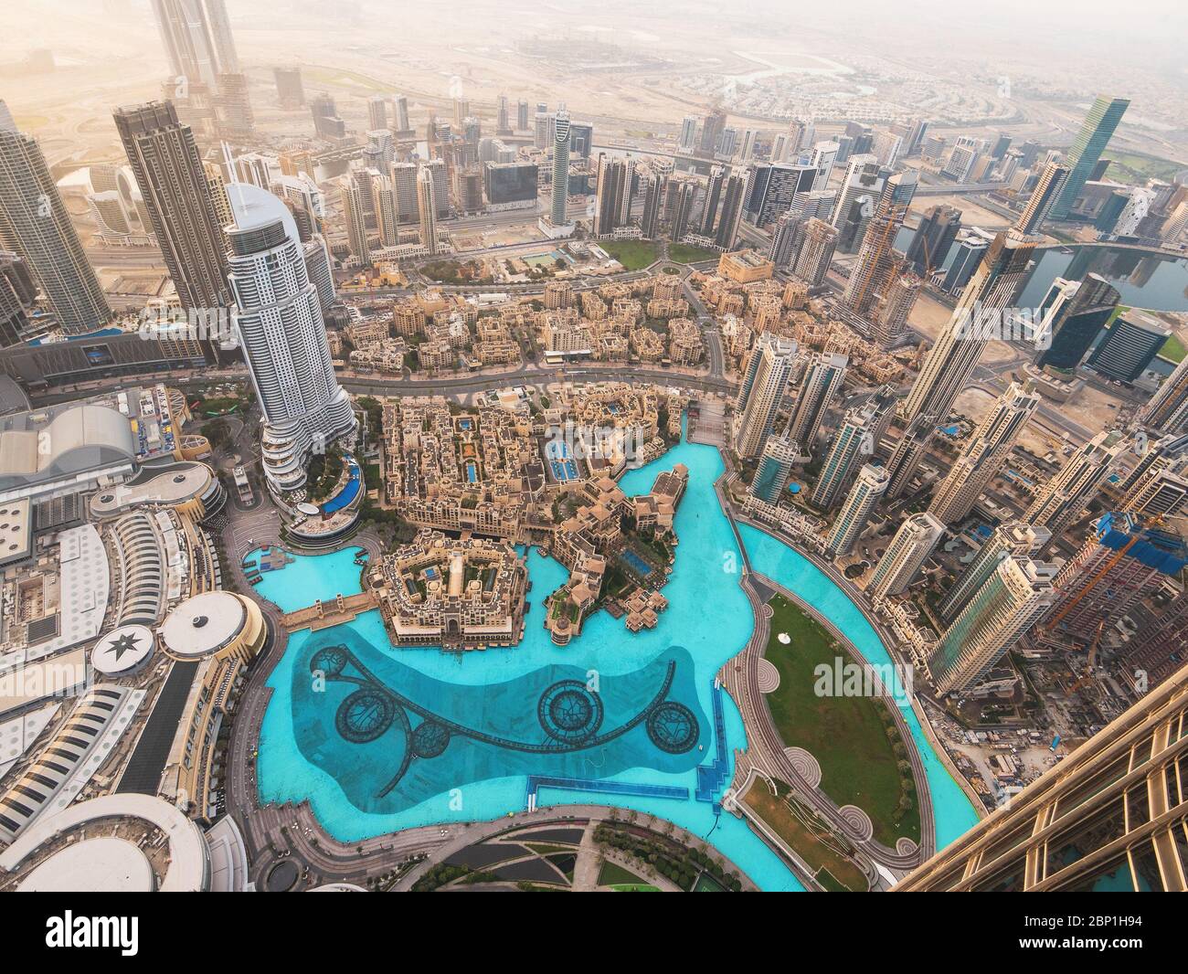 Dubai Fountain and downtown area view from from Burj Khalifa in early morning, United Arab Emirates. Stock Photo