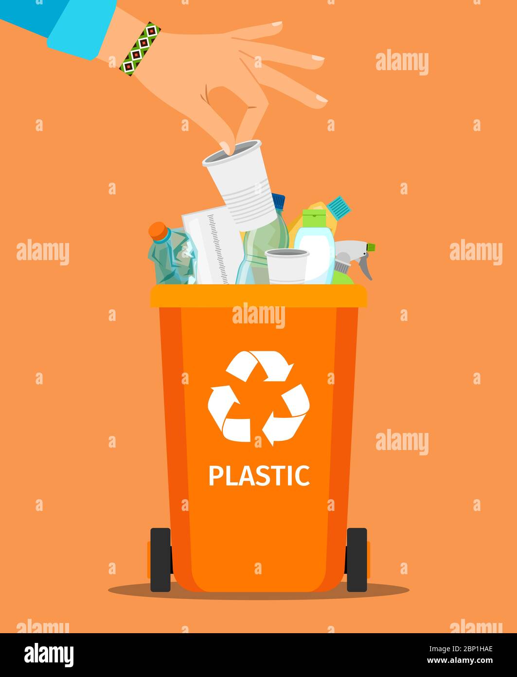 Woman hand throws garbage into a plastic container, vector illustration Stock Vector