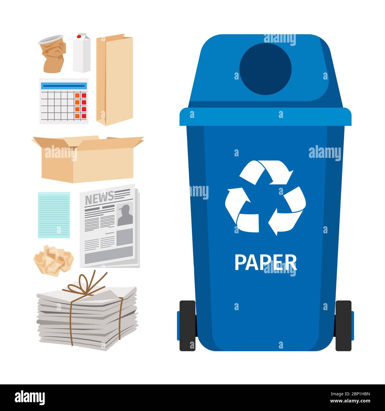 Blue garbage can with paper trash elements, vector illustration Stock