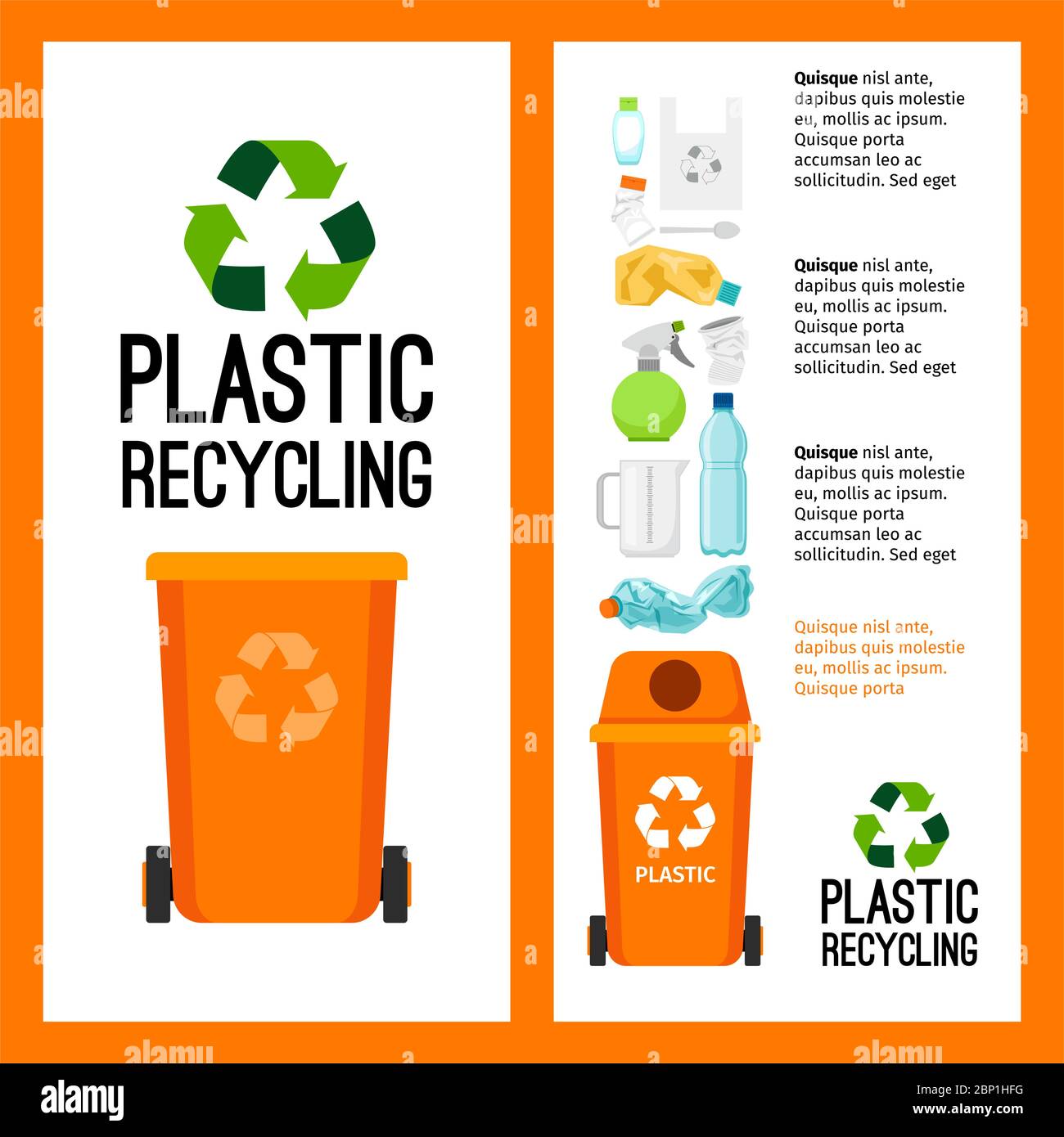 Garbage orange container info with plastic trash elements, vector illustration Stock Vector