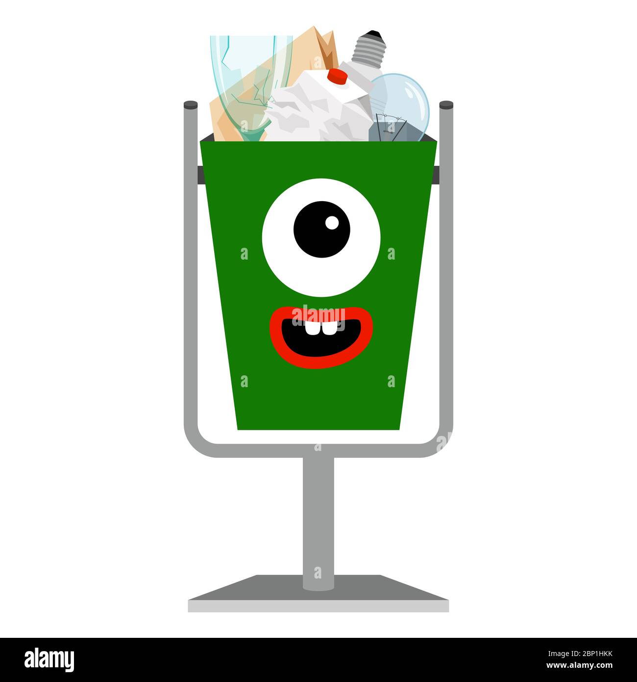 Garbage monster face can for children with e-waste, vector illustration Stock Vector