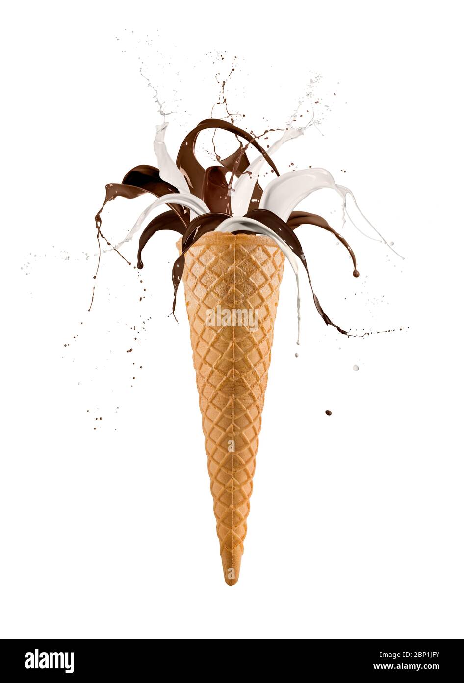 vanilla and chocolate waves splashing from ice cream cone, isolated on white background Stock Photo