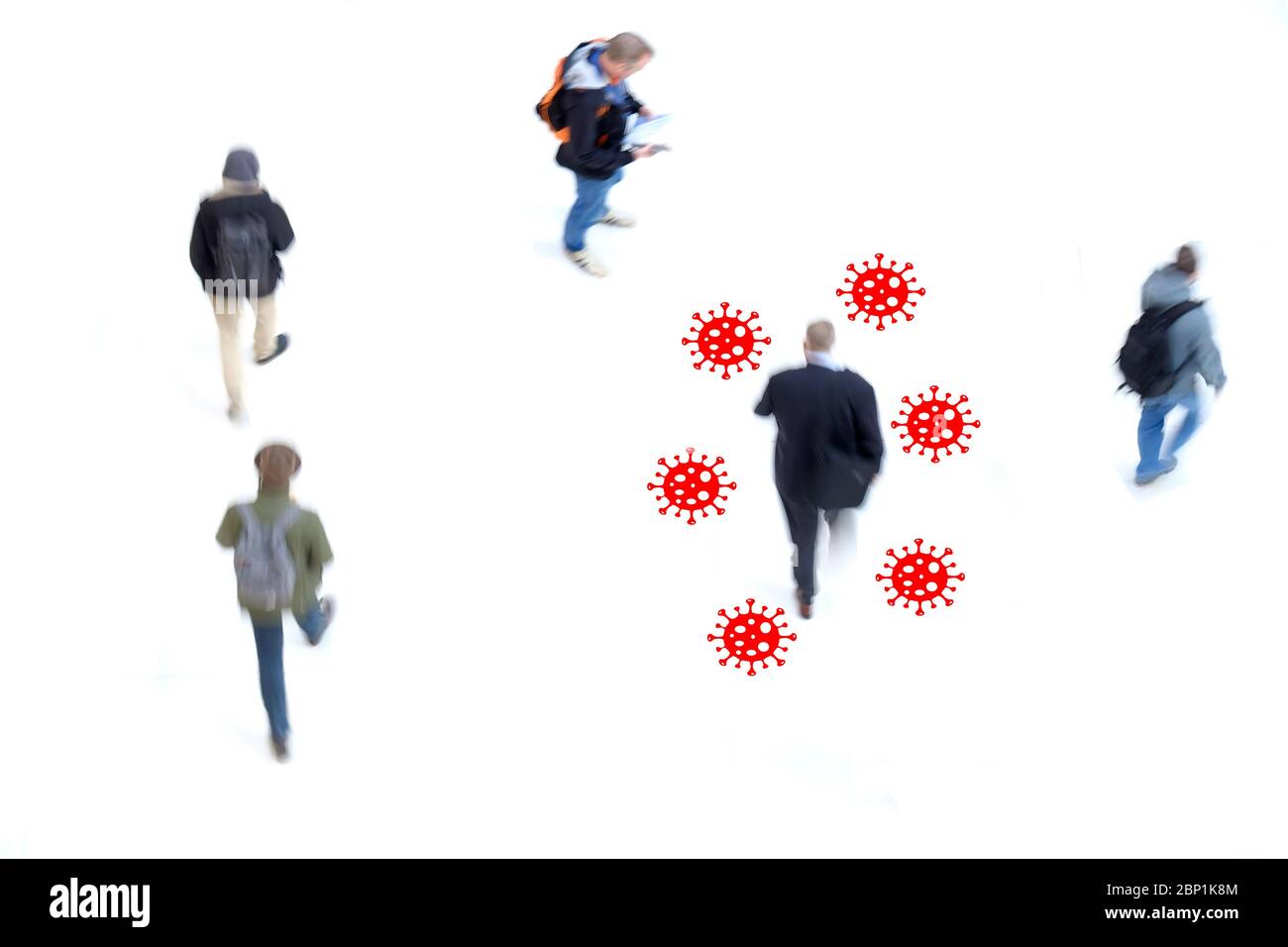 Crowd of people walking. Covid symbol defines people covid positive Stock Photo