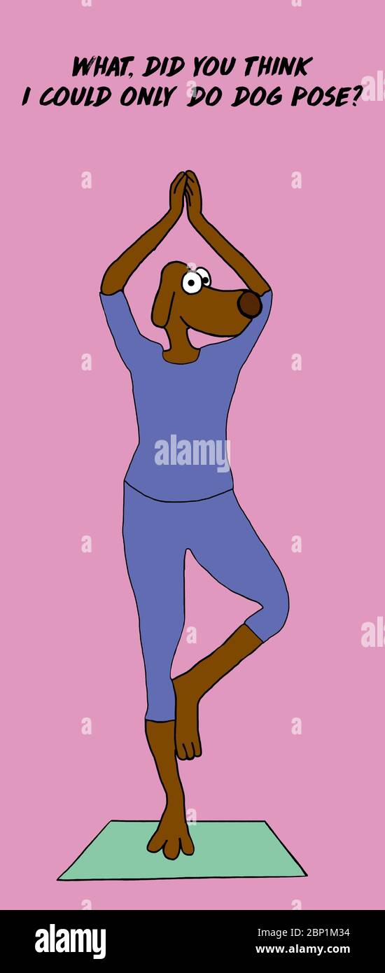 Color cartoon of a dog doing a yoga pose and saying did you think it could only do the dog pose? Stock Photo