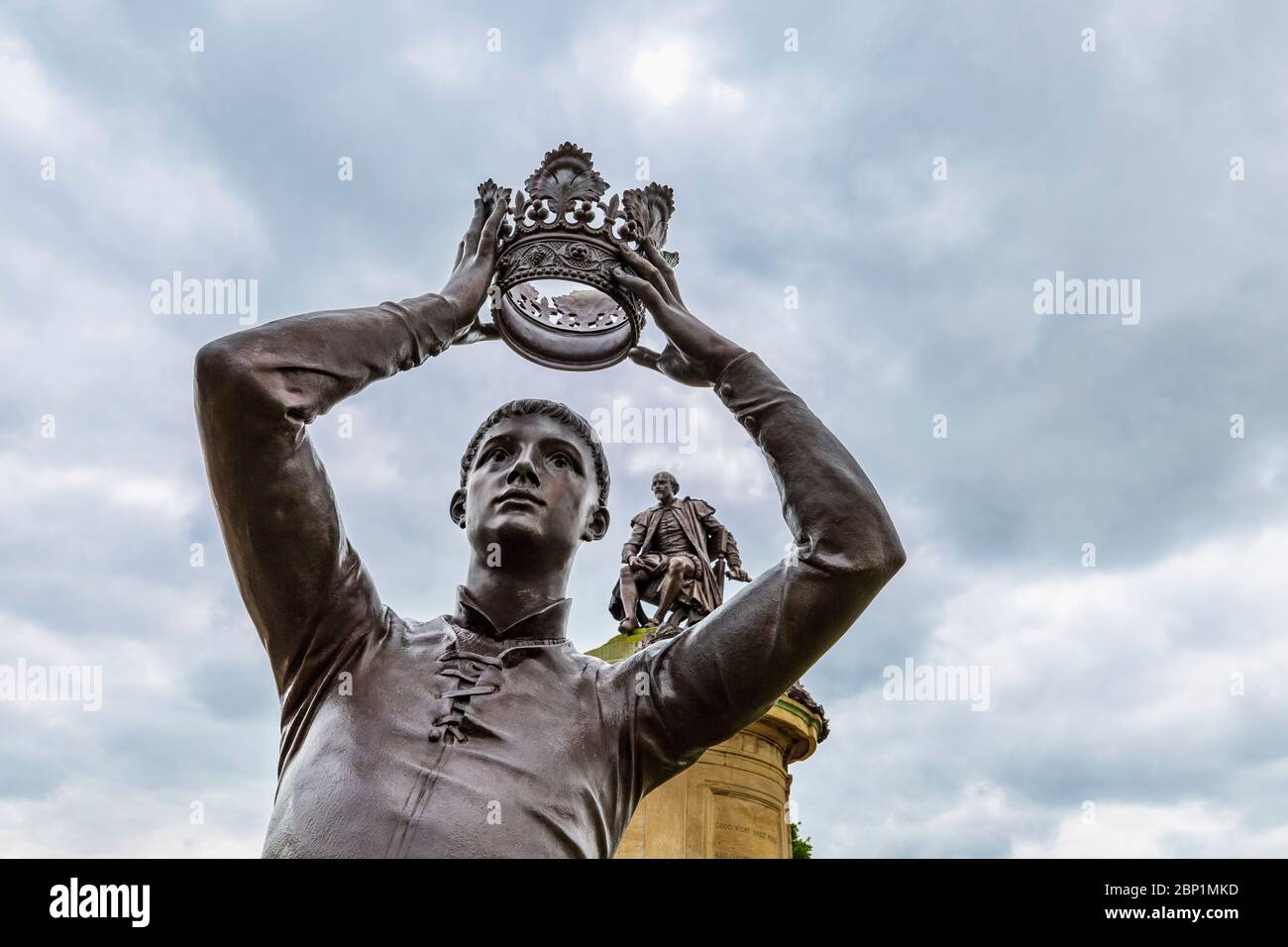 A statue of the character Prince Hal (Henry V) and William Shakespeare on the apex of the Gower Monument, Stratford Upon Avon, England Stock Photo