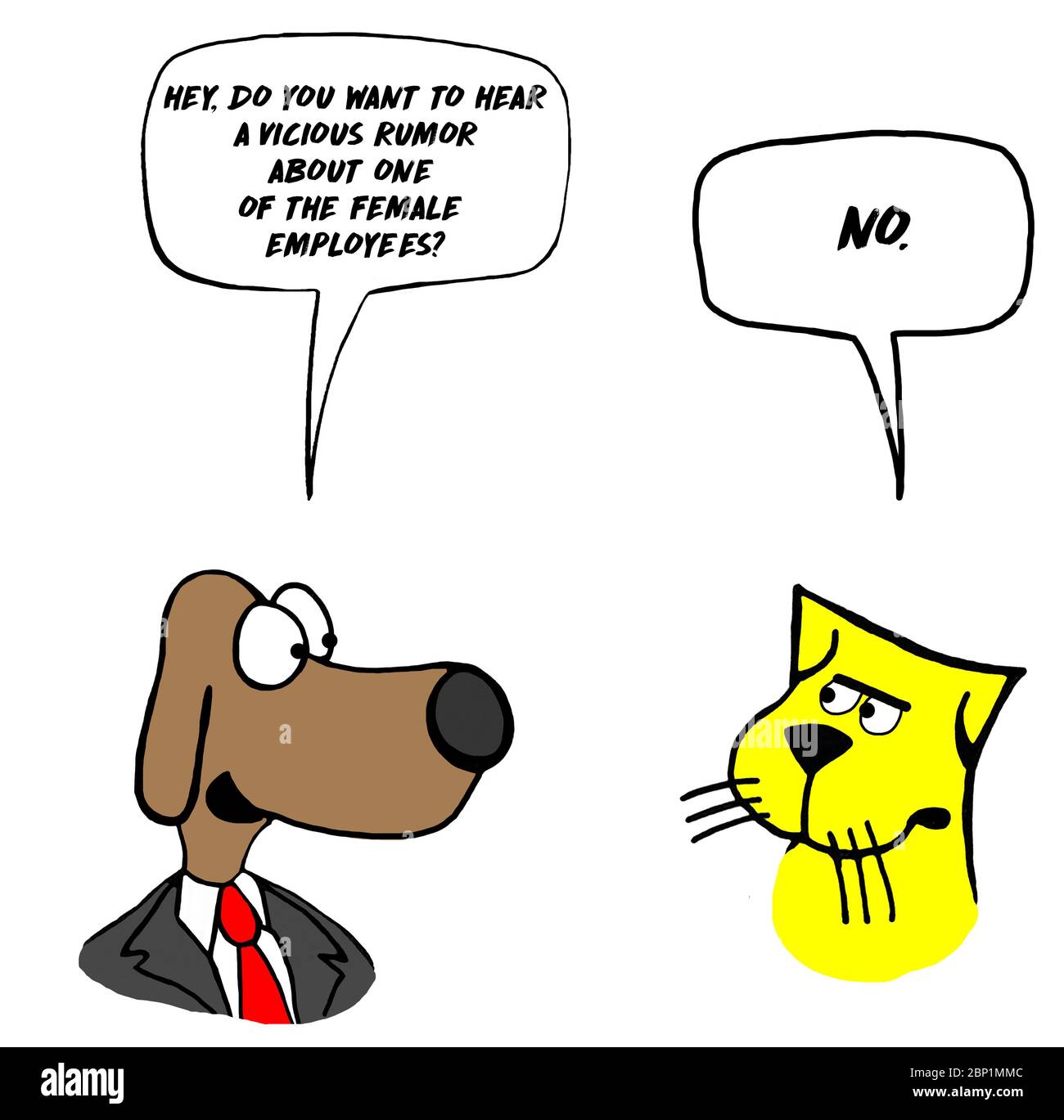 Color cartoon showing a male dog business man wanting to gossip and share a vicious rumor about one of the female employees. Stock Photo