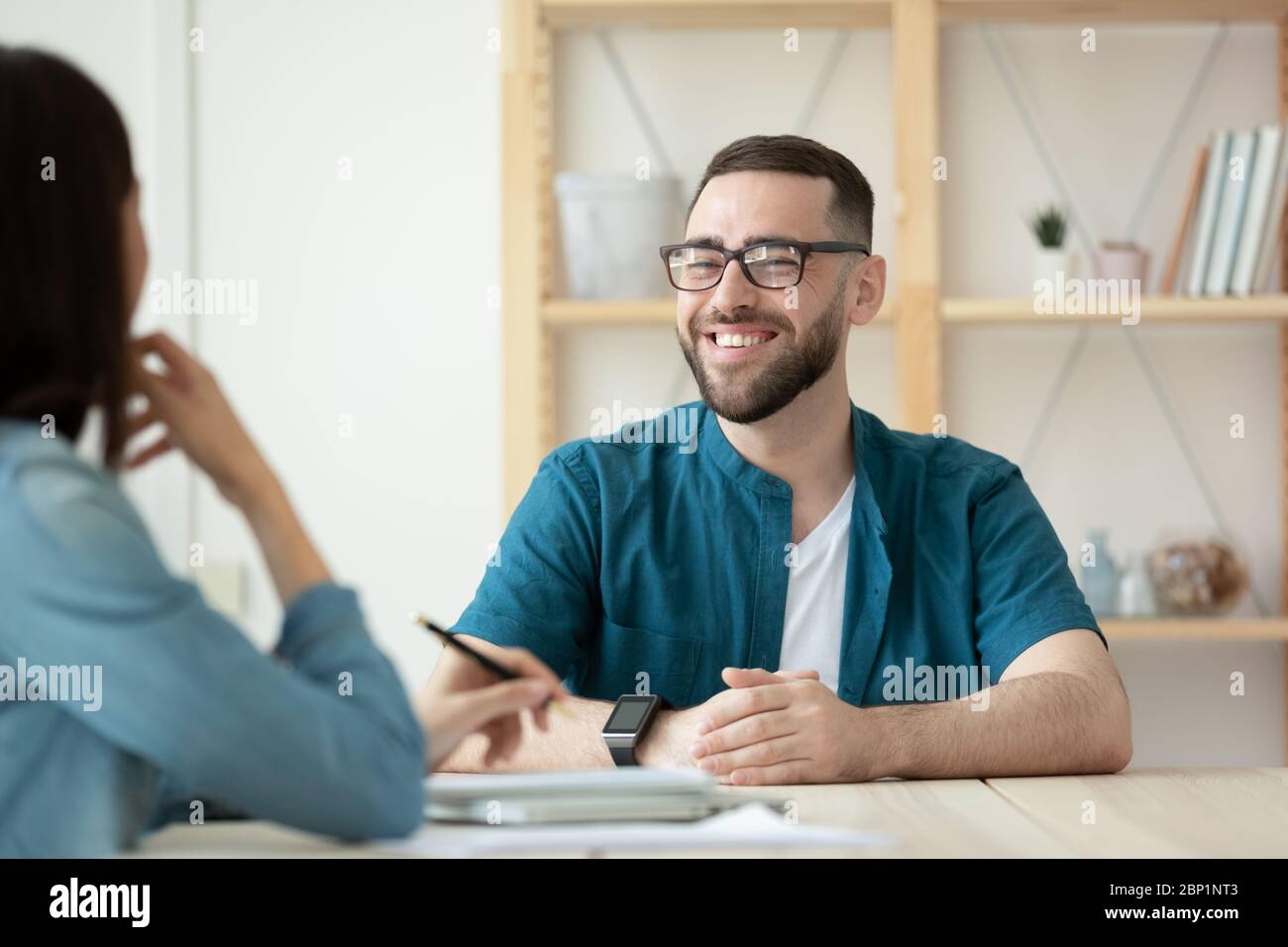 Close up happy bearded man applicant makes good first impression. Stock Photo