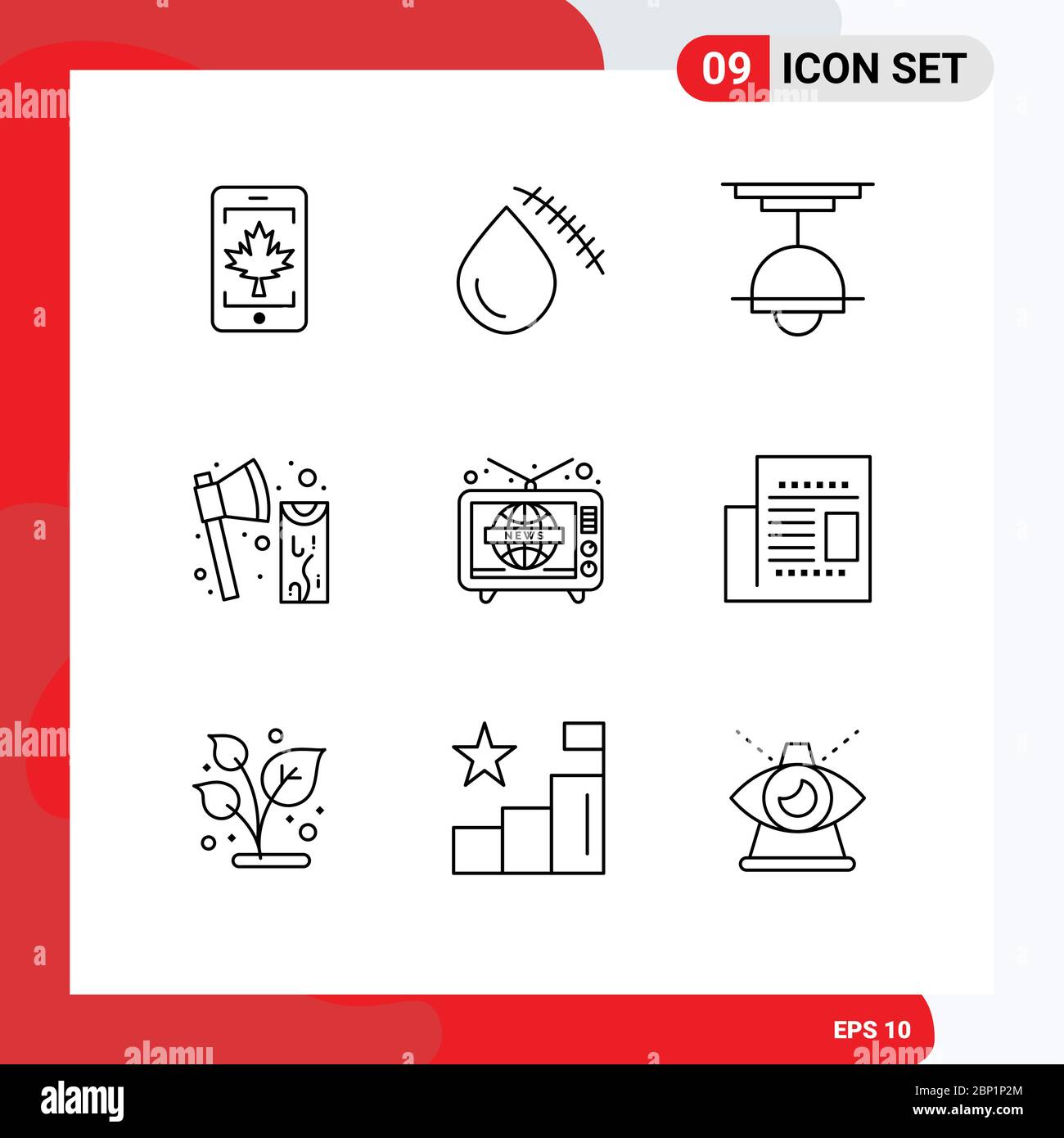9 Universal Outlines Set for Web and Mobile Applications tool, construction, wound, axe, lamp Editable Vector Design Elements Stock Vector