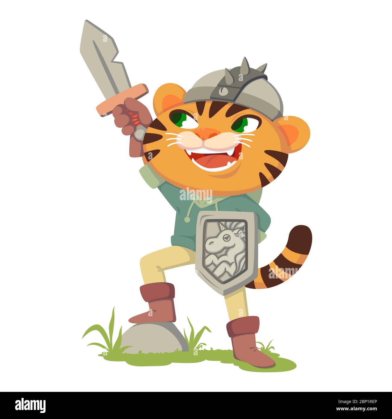 Puss in boots fairy tale character. Tiger with a sword, shield and helmet. Cat in a costume of a medieval warrior, knight. Vector illustration isolate Stock Vector