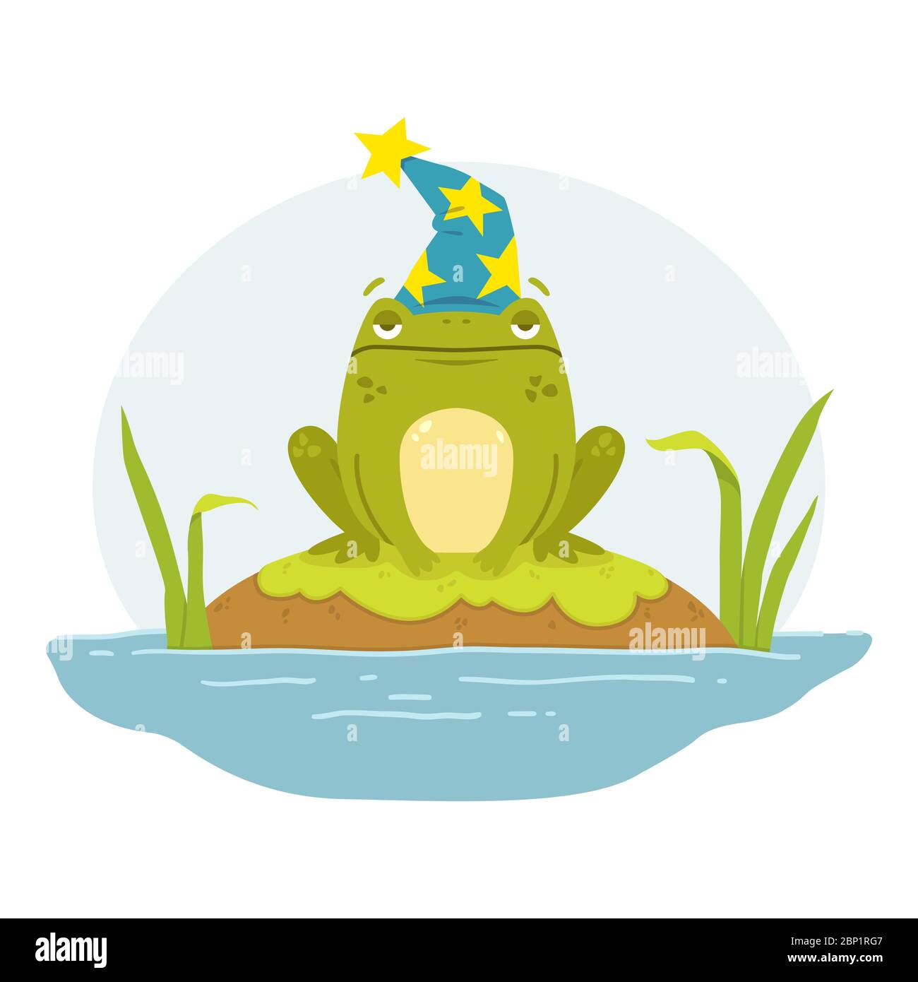A frog in a swamp in a wizard's hat. Toad  Merlin. Cute flat hand drawn character. Illustration for fairytales book. Vector illustration isolated on w Stock Vector